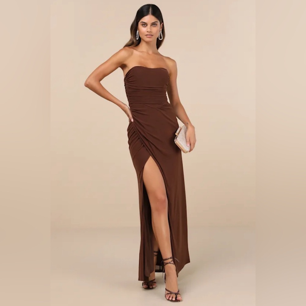 Lulu’s Epitome of Allure Brown Mesh Strapless Ruched Tulip Maxi Dress